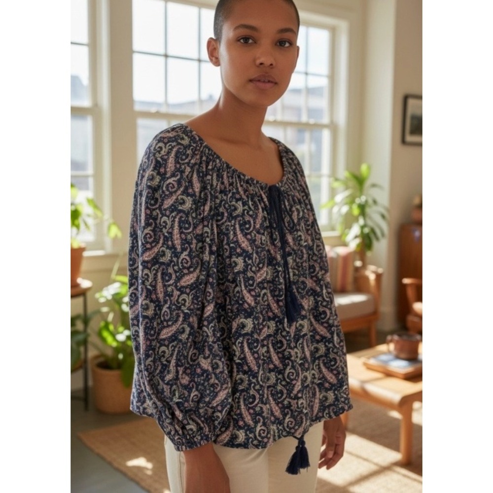 Denim & Supply Ralph‎ Lauren Women's Paisley Print Boho Popover Blouse M Blue